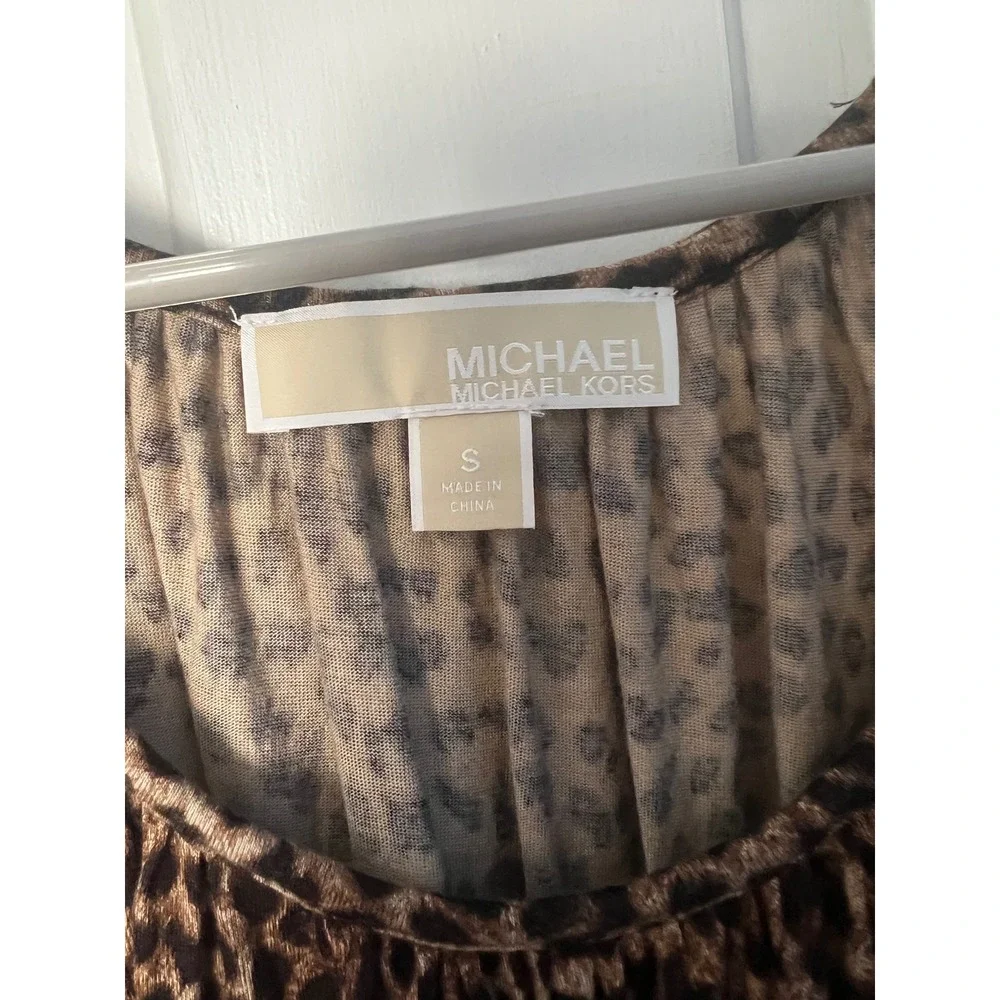 Michael Kors Leopard Print Scoop Neck Blouse 3/4 Sleeve‎ Brown Black Small